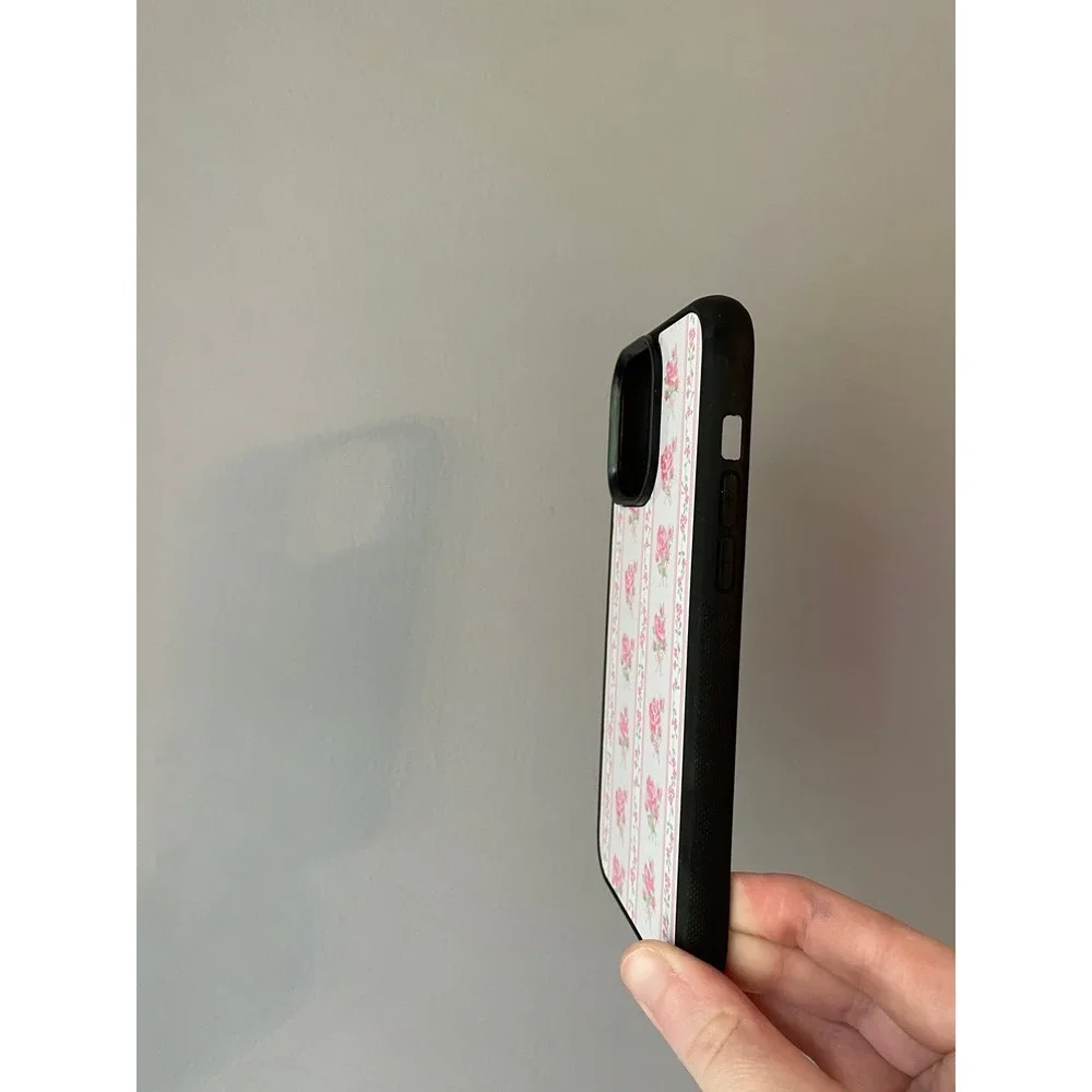 iPhone 15 Pro Max Case Womens Pink Floral Rose Striped Cottagecore Bumper Case‎
